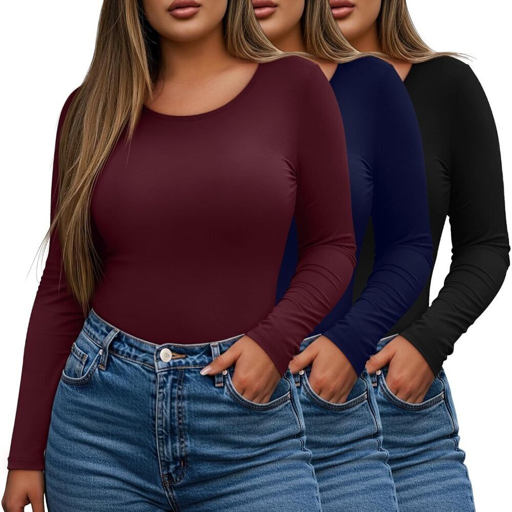 Plus Size Women's Long Sleeve Shirts Set Casual Scoop Neck Fitted Tops